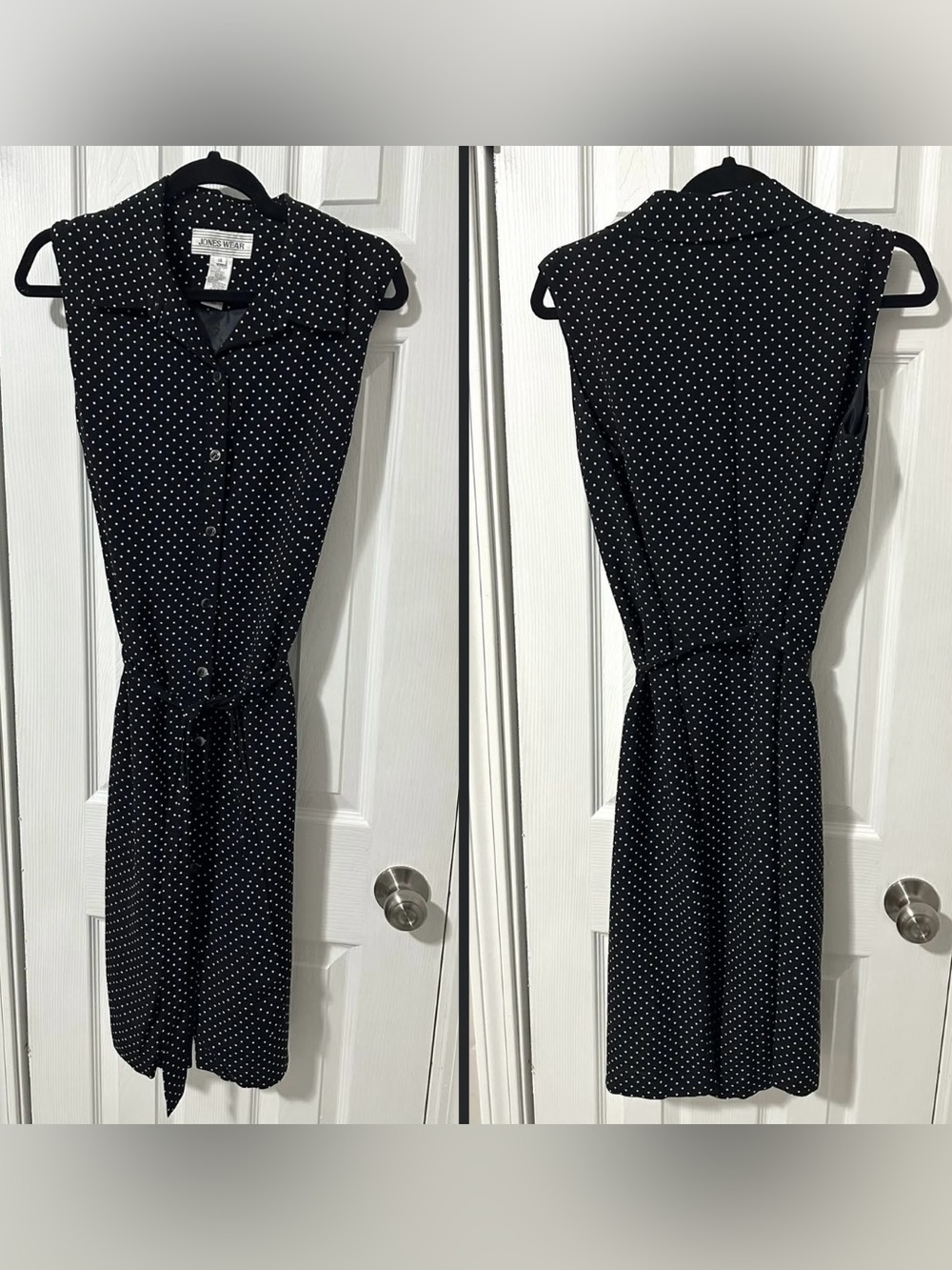 Jones Wear New York  14  Black Polka Dot Maxi Shirt Dress w Tie Belt Fully Lined